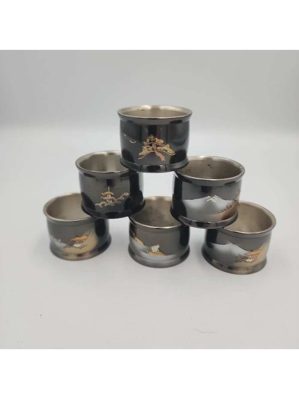 Vintage MCM Japanese Lacquer Pagoda Napkin Rings Set  6 hand painted gold Metal